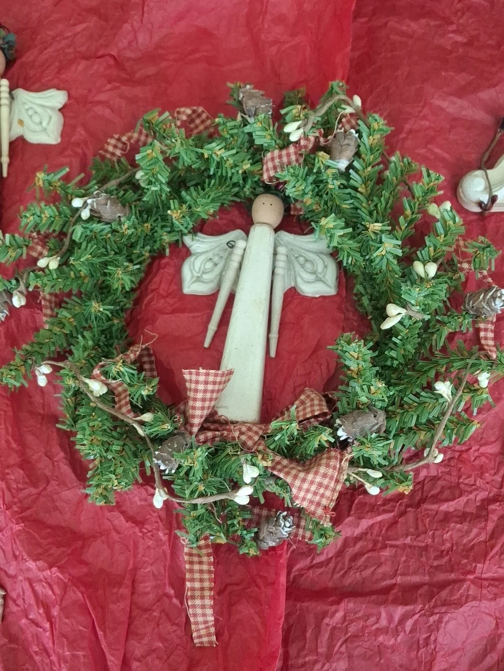 Rustic Green Holiday Wreath with Cream Angel Accent